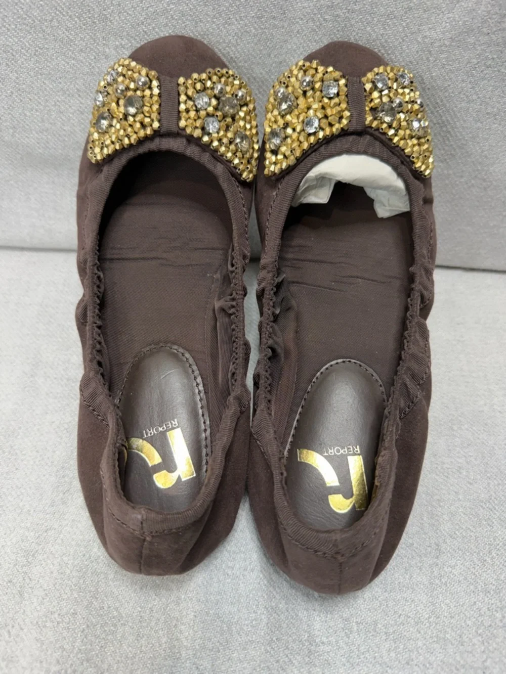 NWOT Report Dark Brown Slip-On Ballet Flats with Gold Accent Bow W5.5